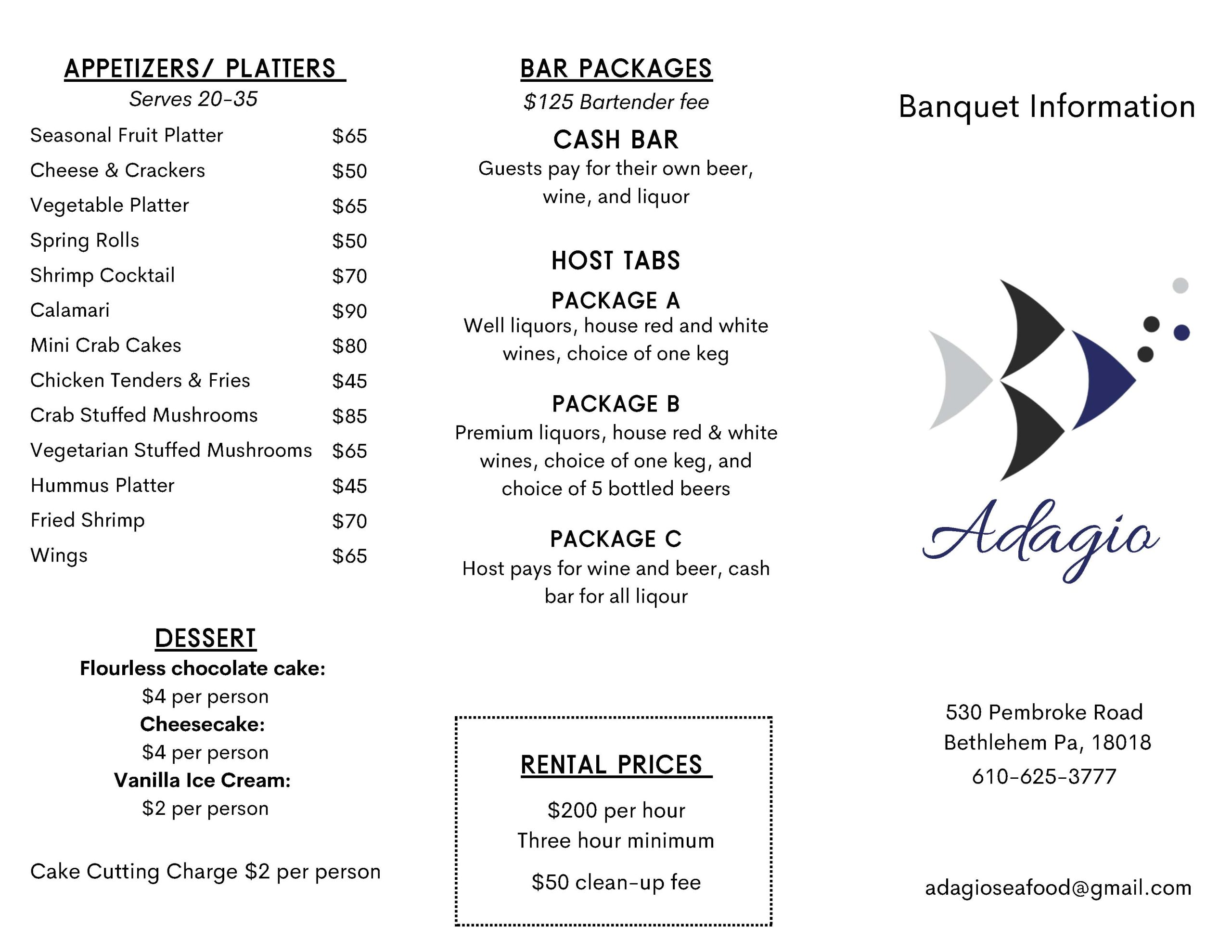The menu for adagio's bar and grill.